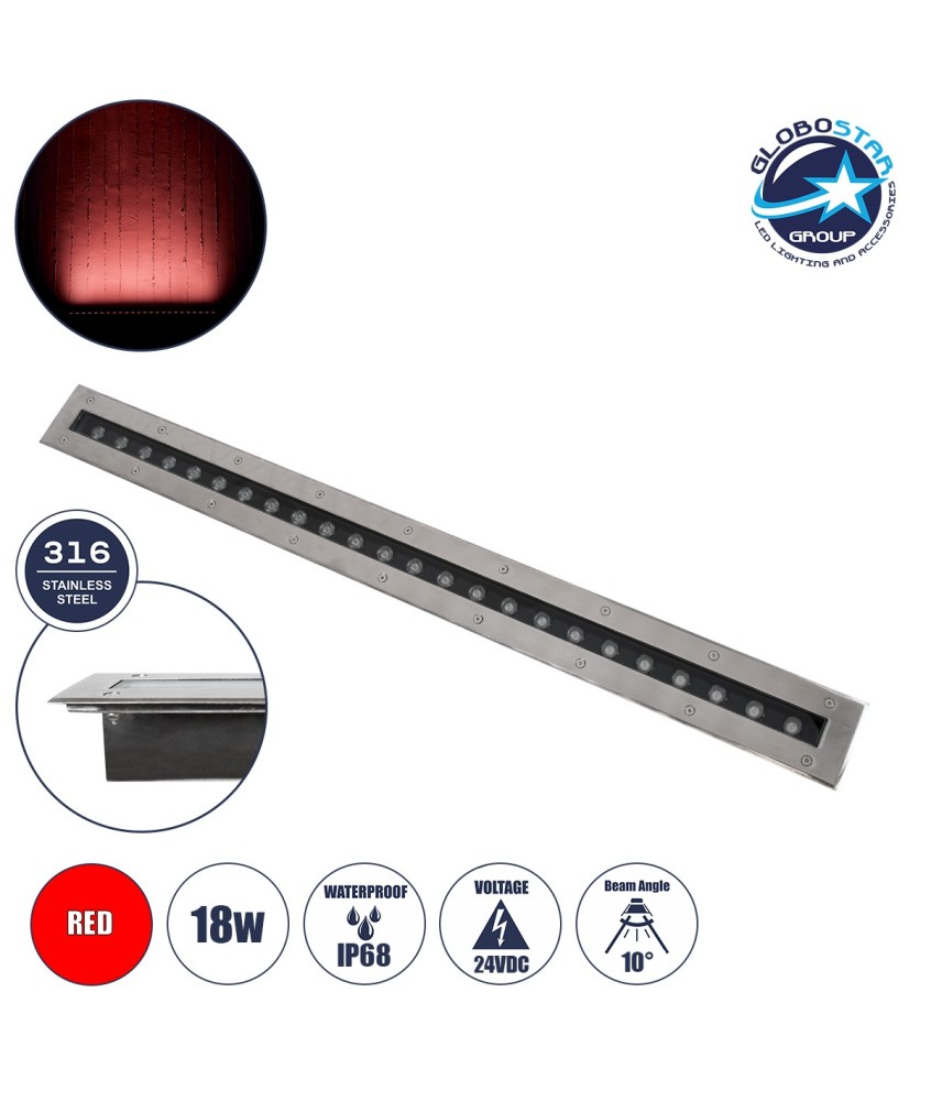 GloboStar® UNDERGROUND-REMVI 90194-R Χωνευτό Φωτιστικό Wall Washer Δαπέδου LED 18W 1440lm 10° DC 24V Αδιάβροχο IP68 L100 x W9 x H7.2cm Κόκκινο - Ανοξείδωτο Ατσάλι - 3 Years Warranty